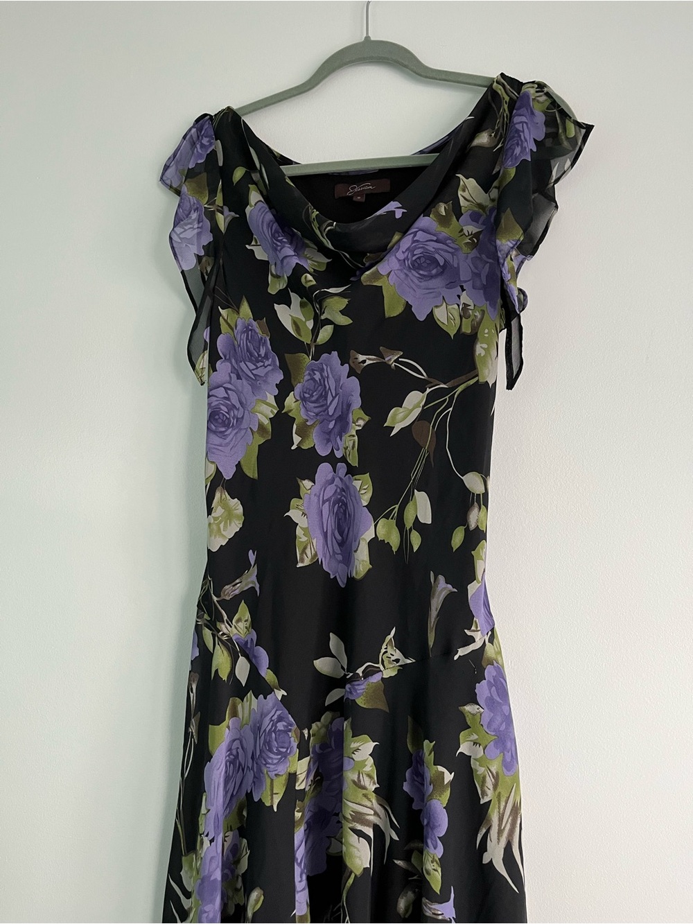 90s Y2K Jessica Black & Purple Floral Whimsical Flowy Fairy Midi Cowl Neck Dress - Picture 7 of 16